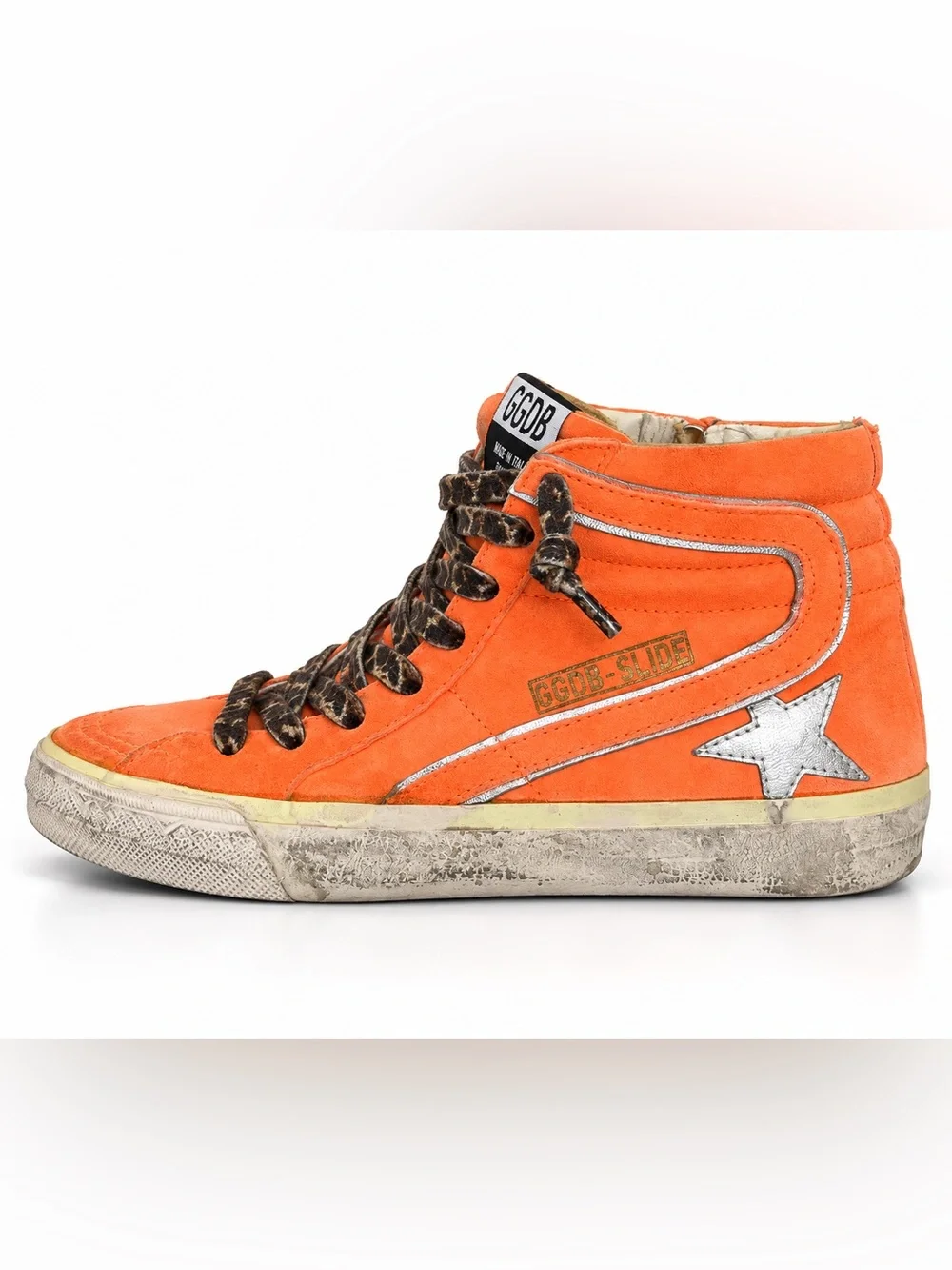 Golden Goose GGDB Slide Orange Suede High Top Sneakers Leopard Laces Sz 39